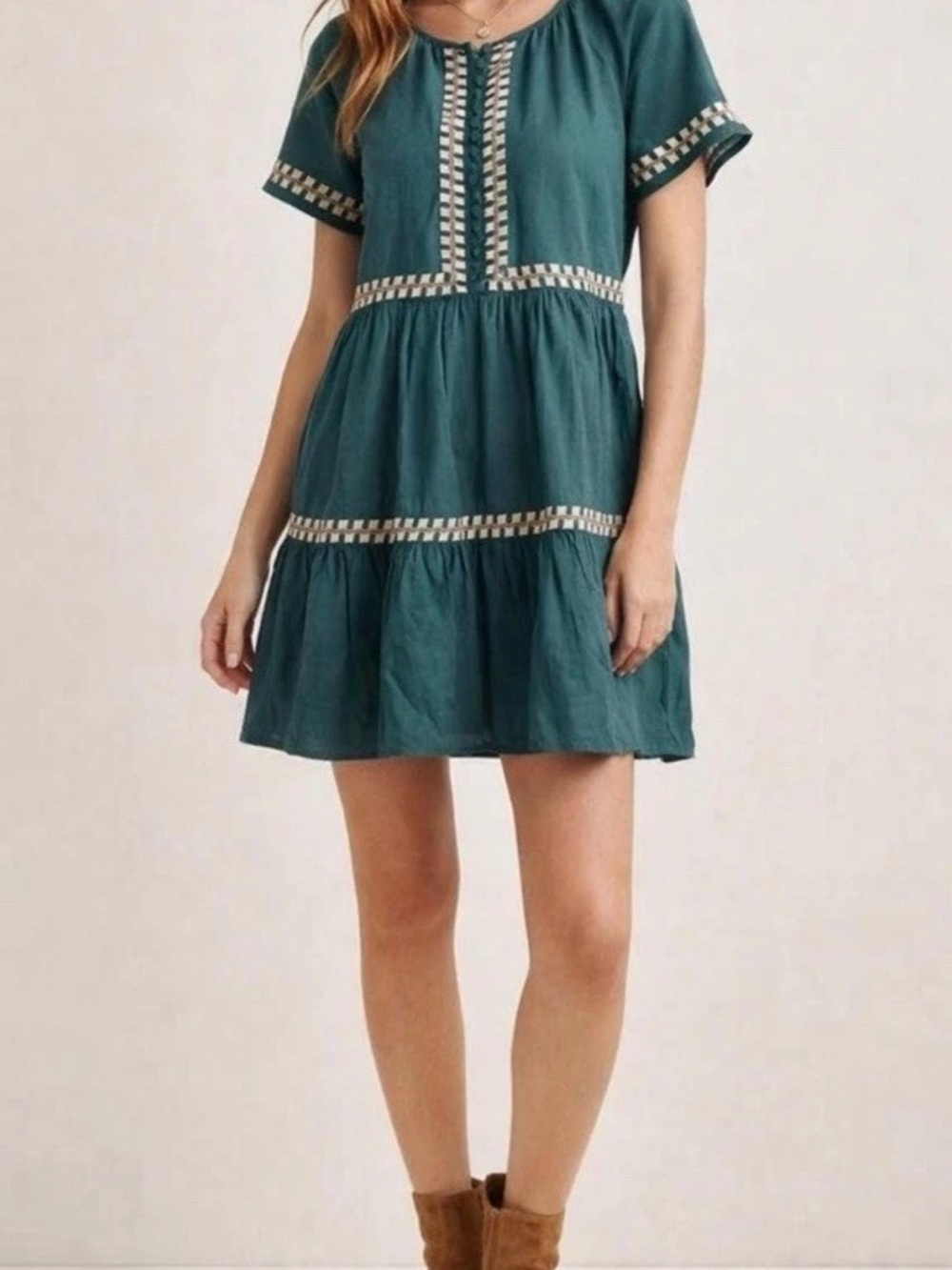 Madewell Teal Short Sleeve Tiered Mini Dress with Trim